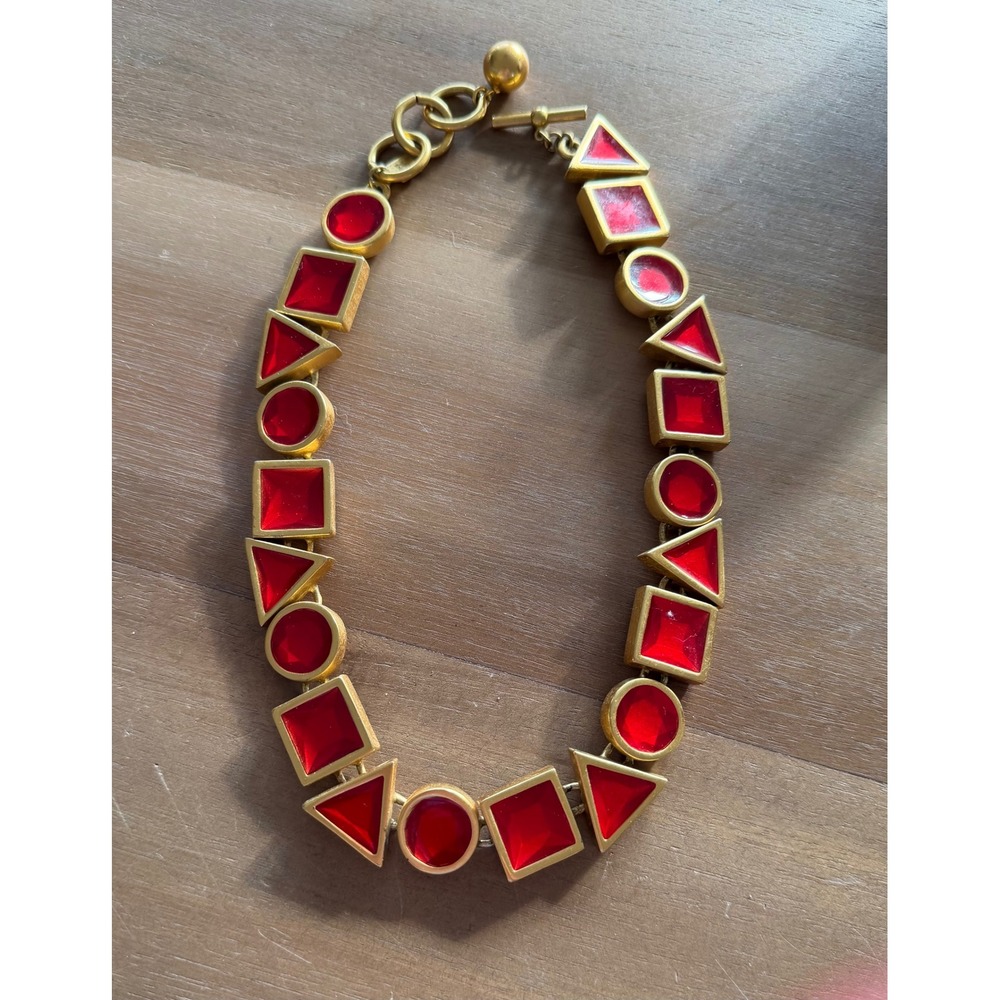 Anne Klein Gold & Red Enamel Necklace Modernist Geometric